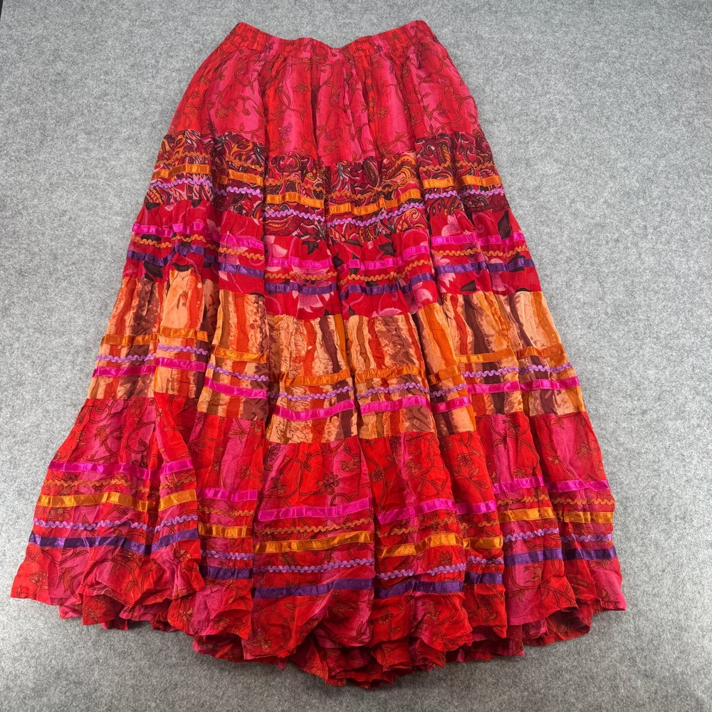 Anii by Natural Womens Red Orange Boho Tiered Ribbon Trim Rayon Maxi Skirt Med - Picture 7 of 7